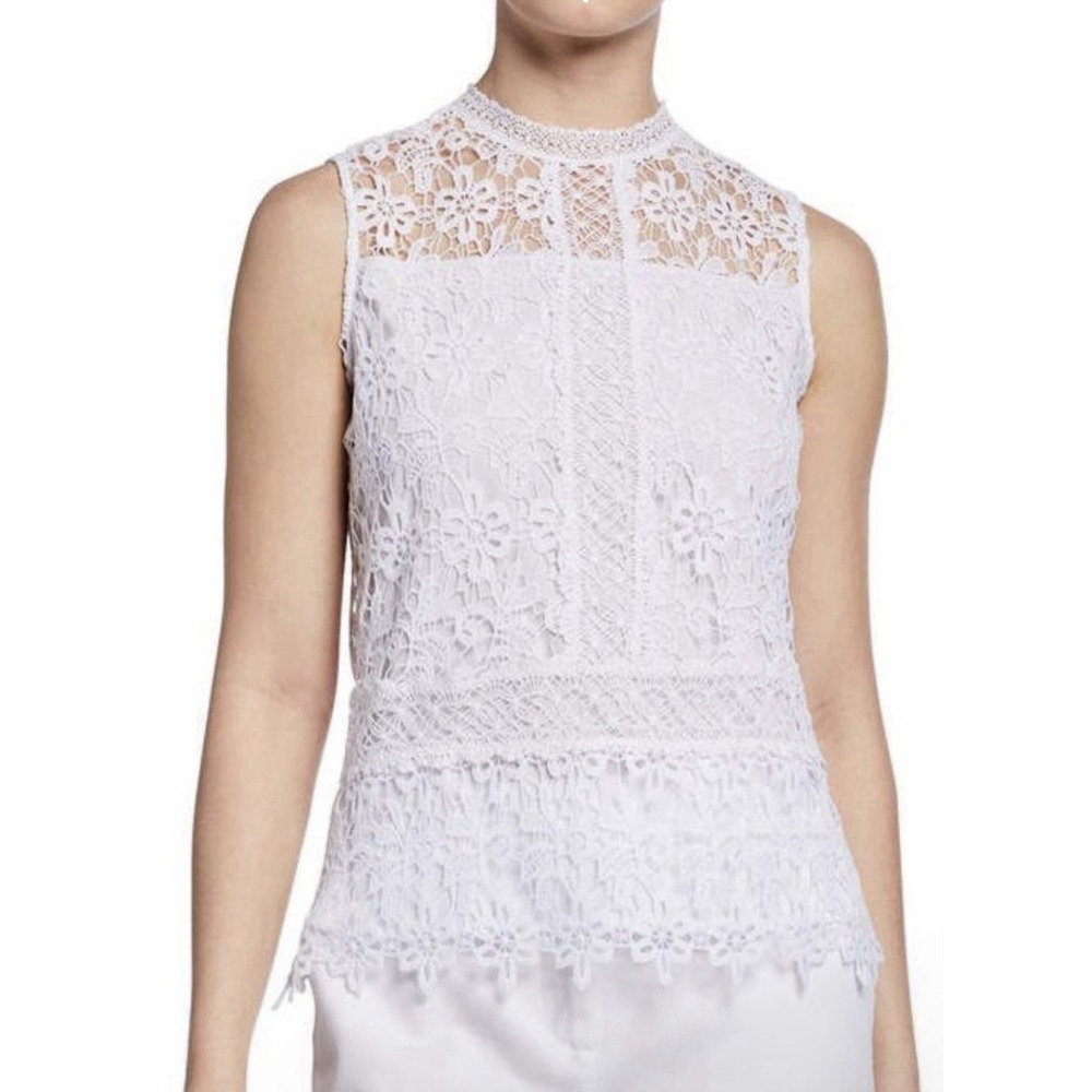 LAUNDRY Women White Lace Overlay Blouse Top Shirt Sz S floral crochet high neck - Picture 2 of 7